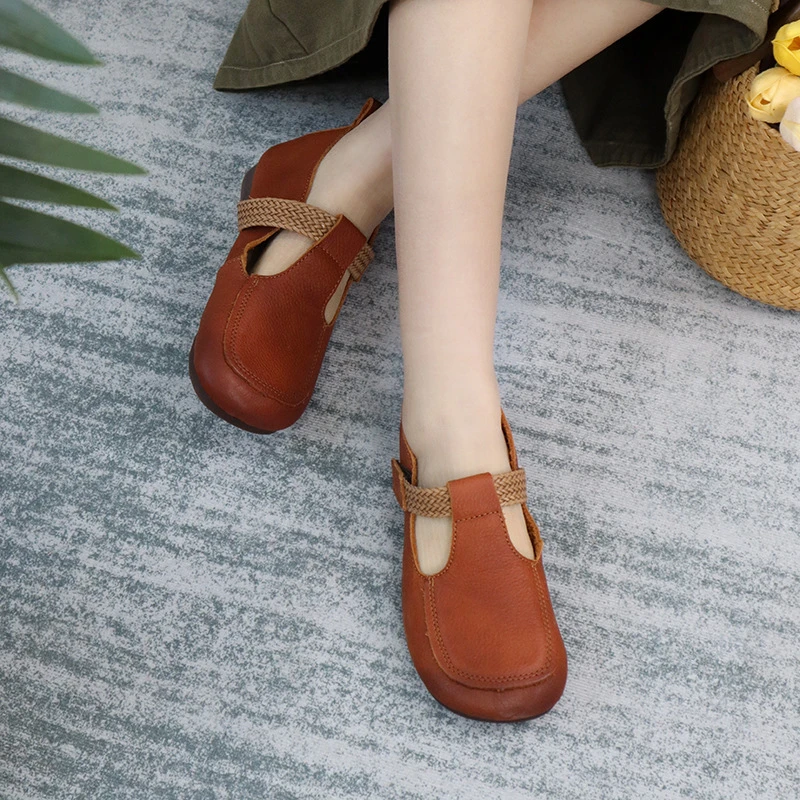 特价牛皮圆头丁子袢带魔术贴软底森系女单鞋真皮森系春季新款