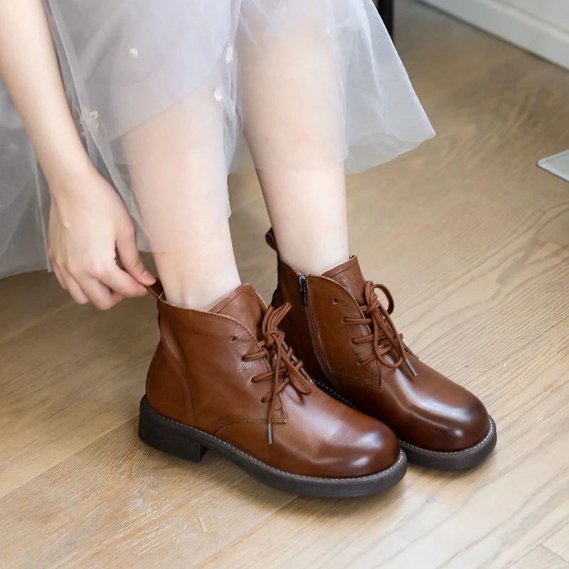 牛皮短靴秋冬新款英伦风头层牛皮单靴系带时尚马丁靴复古