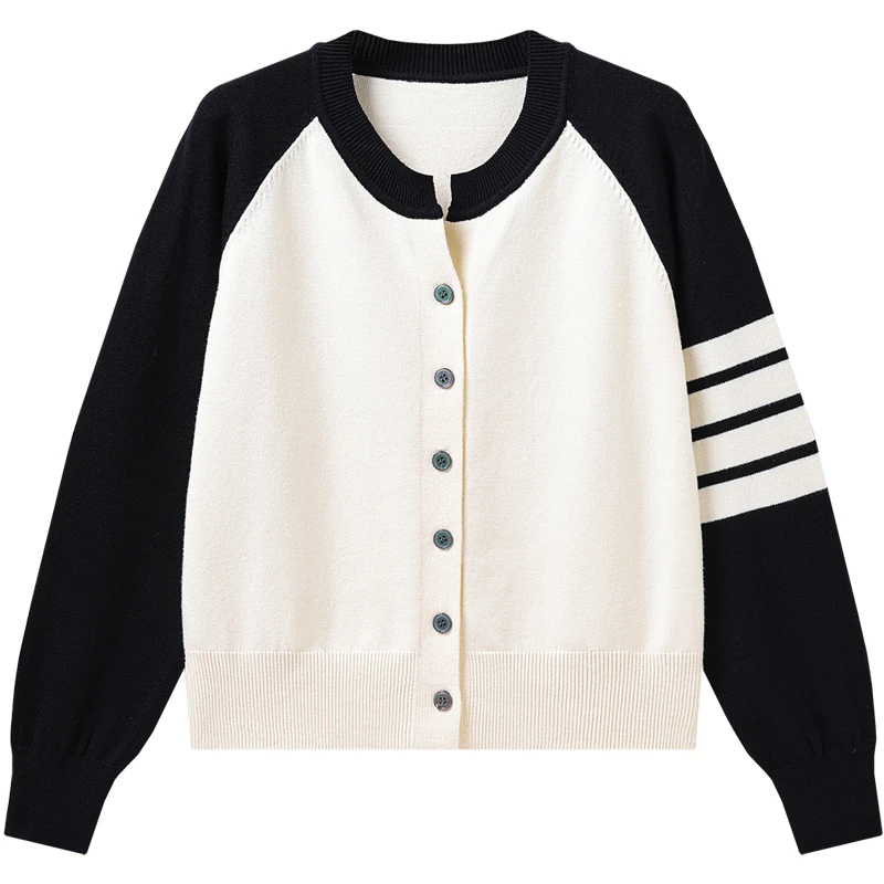 2024春秋韩版拼色学院风条纹毛衣针织衫时尚百搭圆领宽松棒球服女