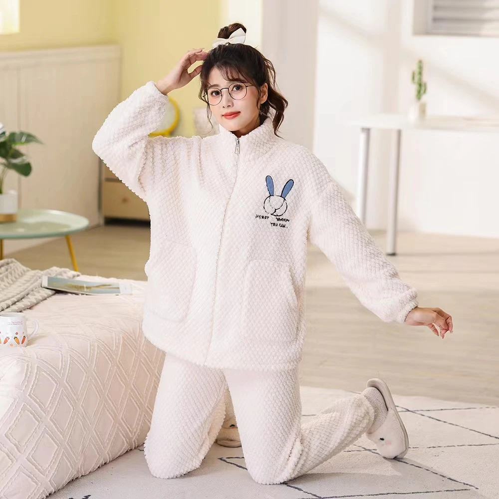 【直播专享】冬季时尚珊瑚绒女拉链款秋冬加厚加绒甜美家居服套装