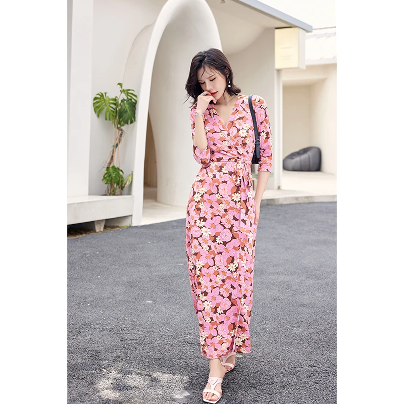 裹身裙气质绝美粉红碎花女人味修身显瘦长款连衣裙女夏季透气