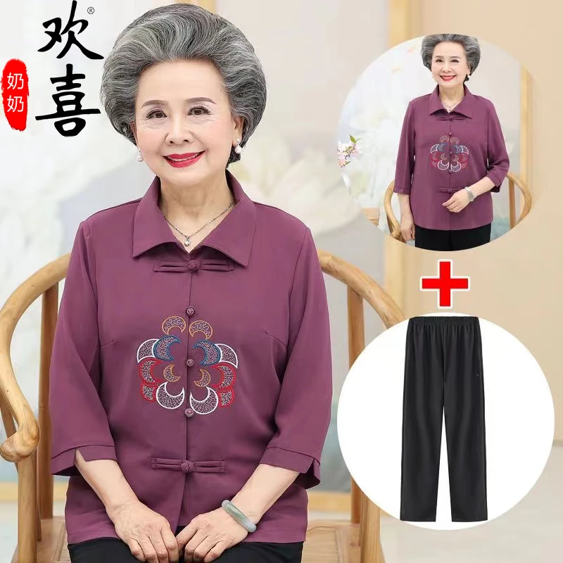 中老年人女装夏装衬衫60-70岁80老人衣服奶奶装妈妈春装衬衣衣服