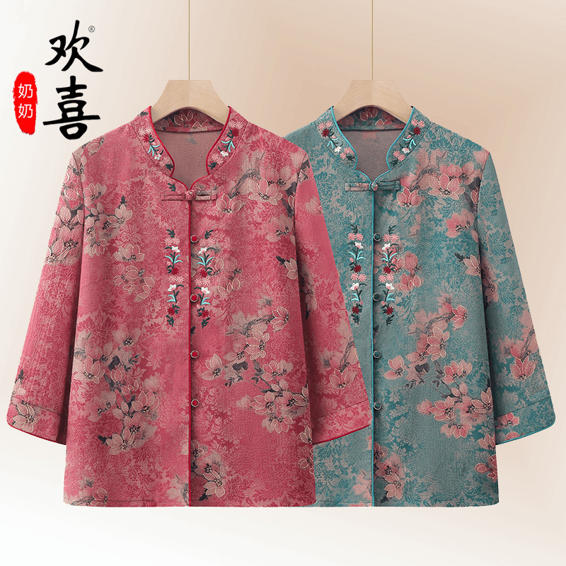中老年人夏装女奶奶装七分袖衬衫60岁70妈妈衬衣太太衬衣衣服开衫