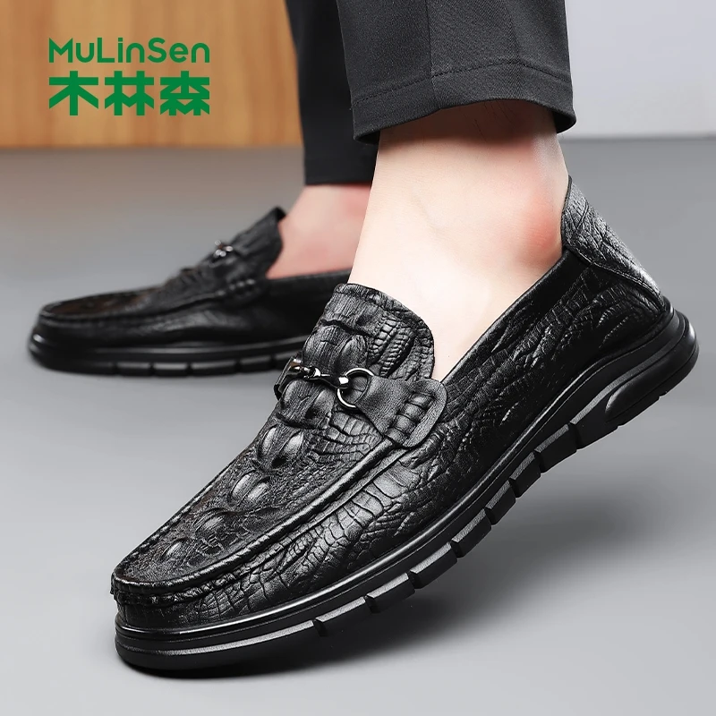 木林森秋冬新款鳄鱼纹英伦豆豆鞋真皮商务头层皮鞋男懒人鞋驾车鞋
