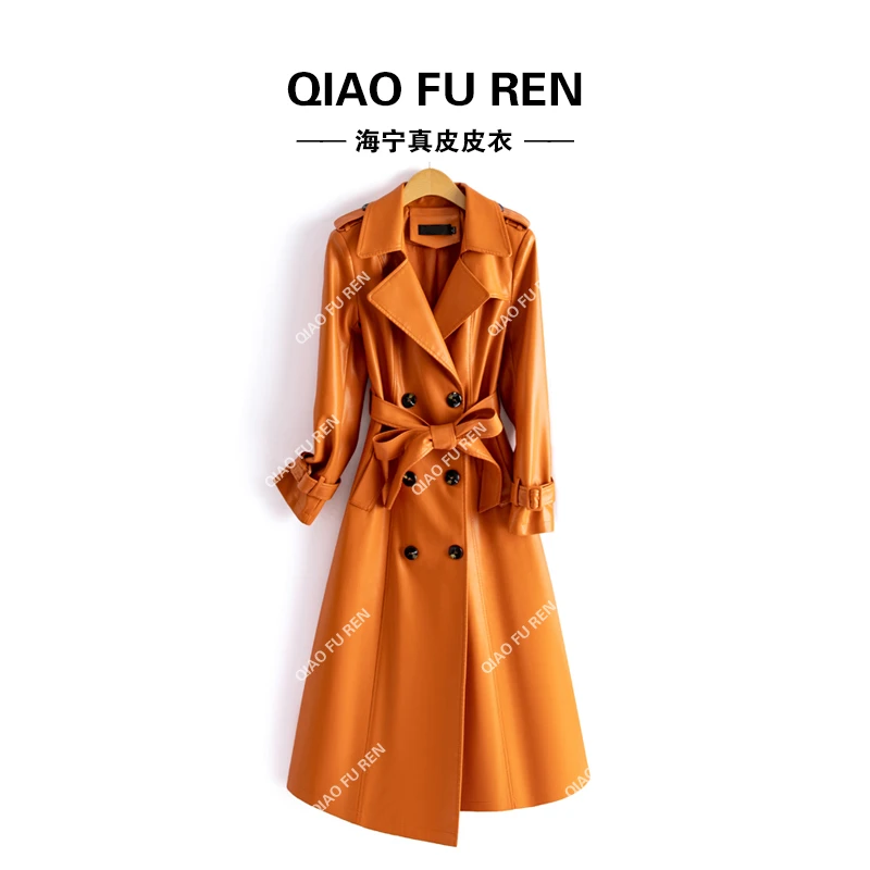【海宁皮衣】春秋新款真皮皮衣女中长款过膝气质修身显瘦风衣2298