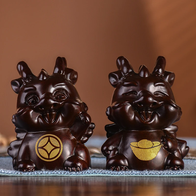 黑檀木雕生肖龙实木招财龙中式手工可爱桌面摆件办公室车载装饰品