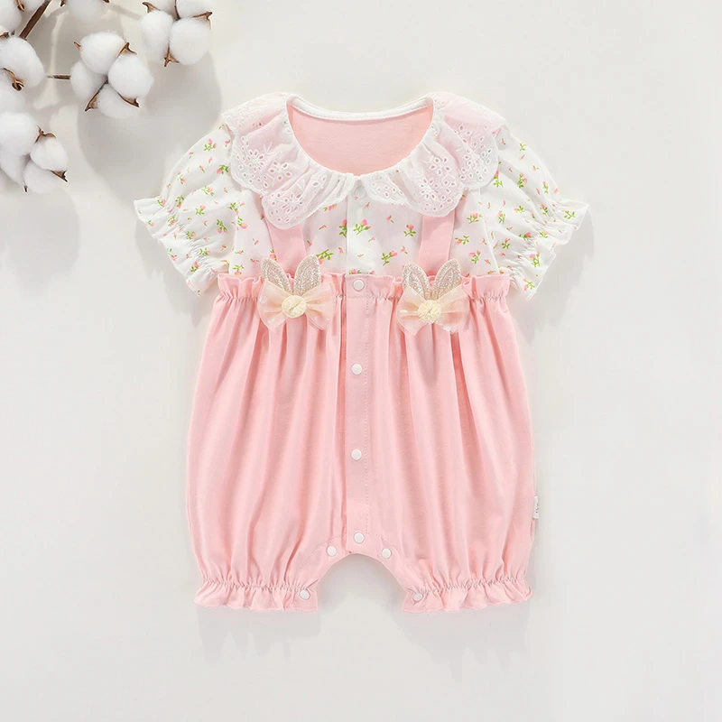 新生婴儿衣服夏装薄款女宝宝连体衣短袖夏季满月百天超萌公主哈衣
