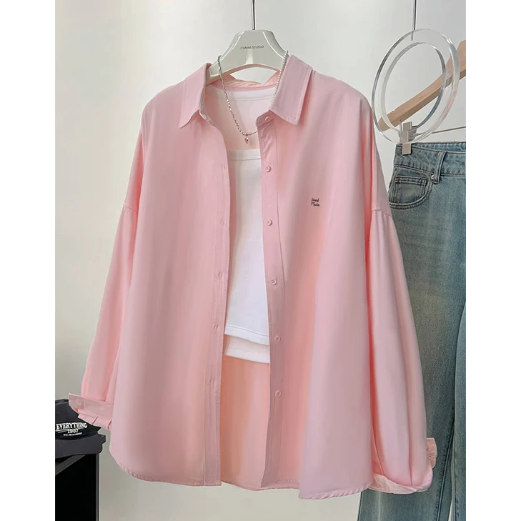 粉色衬衫2024春夏秋装新款韩版宽松休闲显瘦字母长袖衬衣外套上衣