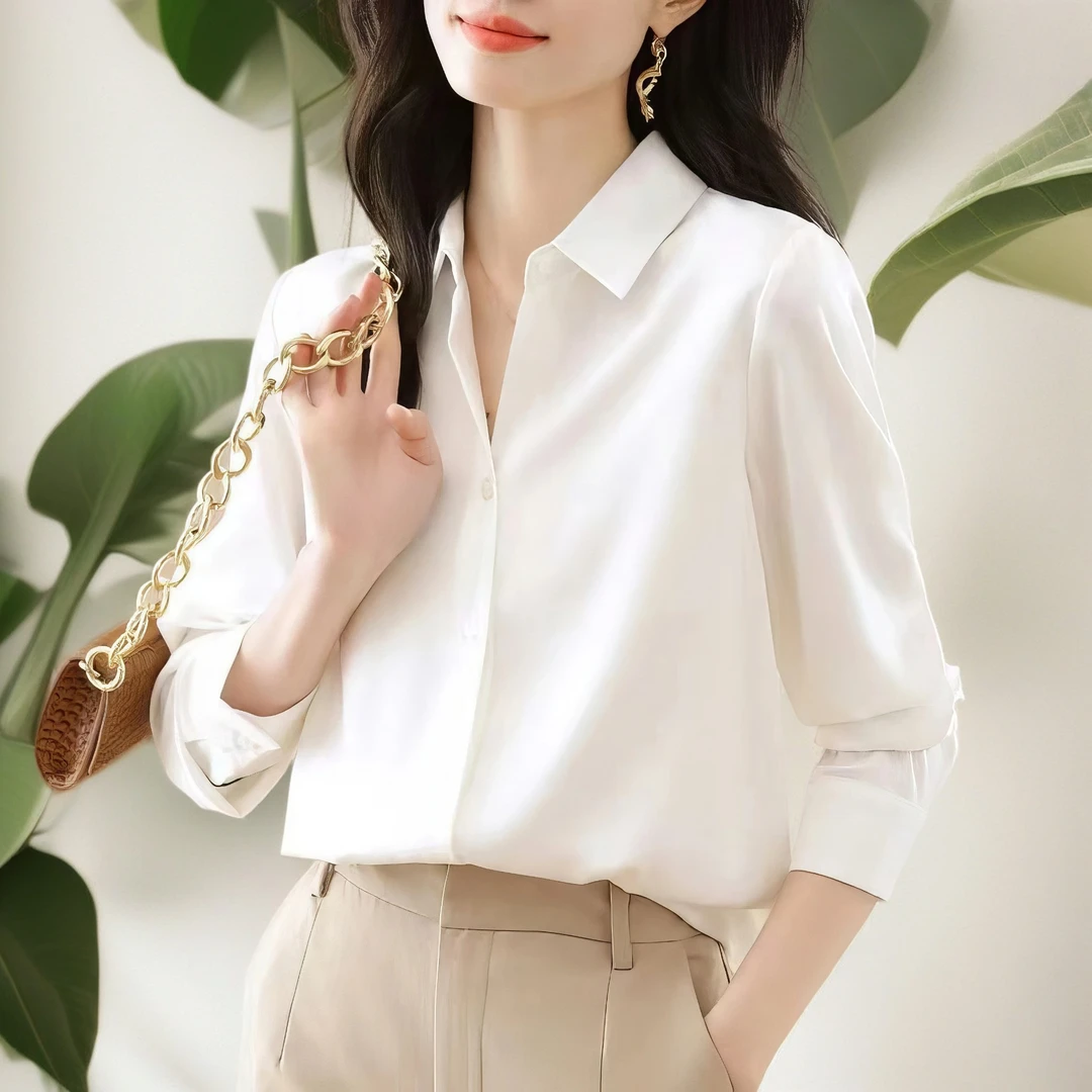 2024秋季简约 气质感白色缎面衬衫女职业长袖衬衣设计感小众上衣