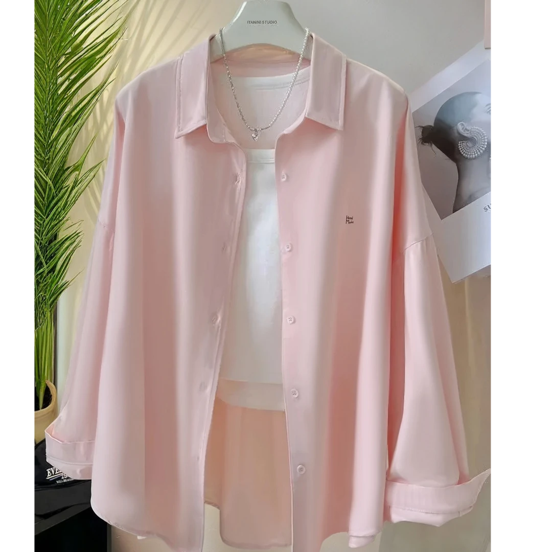 糖果色衬衫女2024春秋装新款韩版刺绣宽松中长款显瘦长袖衬衣女潮