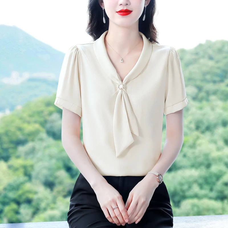 2023夏季新款醋酸缎女短袖高级感气质上衣妈妈时尚洋气飘带衬衣