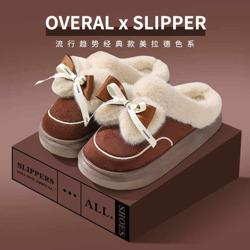 加厚蝴蝶结棉拖鞋女士可爱毛毛拖鞋居家拖鞋松弛感ins风。