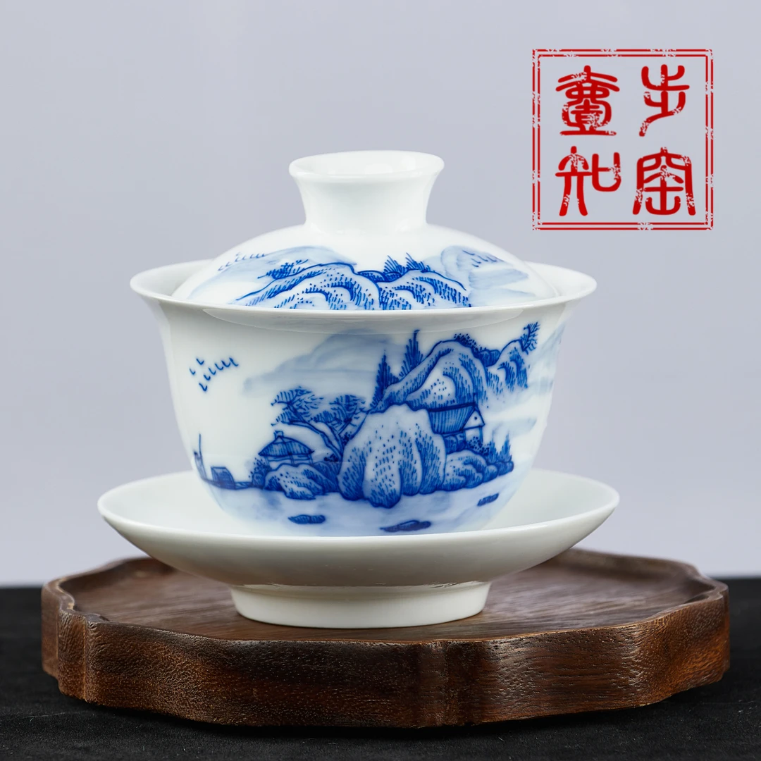 景德镇景德镇手绘青花秀丽山河套组三才盖碗手工茶具中式大容量