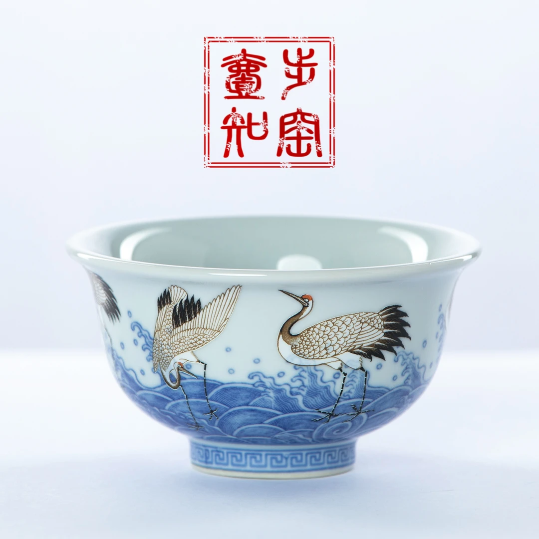 景德镇青花瓷仙鹤压手杯陶瓷手工仿古单杯个人专用主人杯高档茶杯