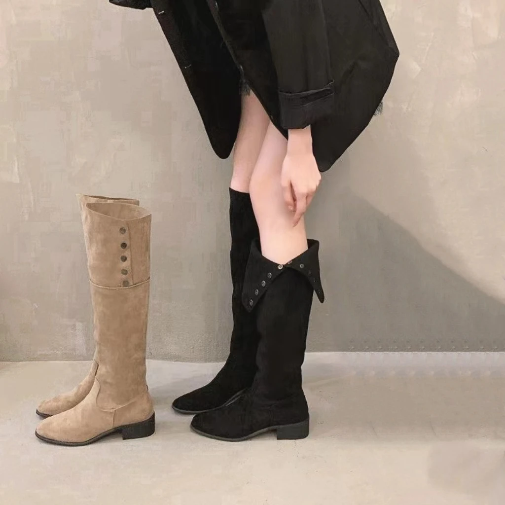 美拉德粗跟高筒靴女2024秋季复古方头堆堆靴绒面长筒靴骑士弹力靴