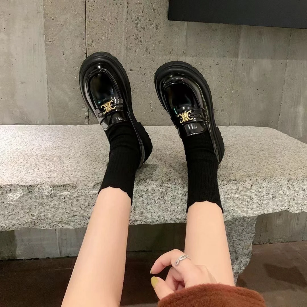 凯旋家厚底乐福鞋春季复古圆头乐福鞋百搭增高粗跟英伦风小皮鞋女