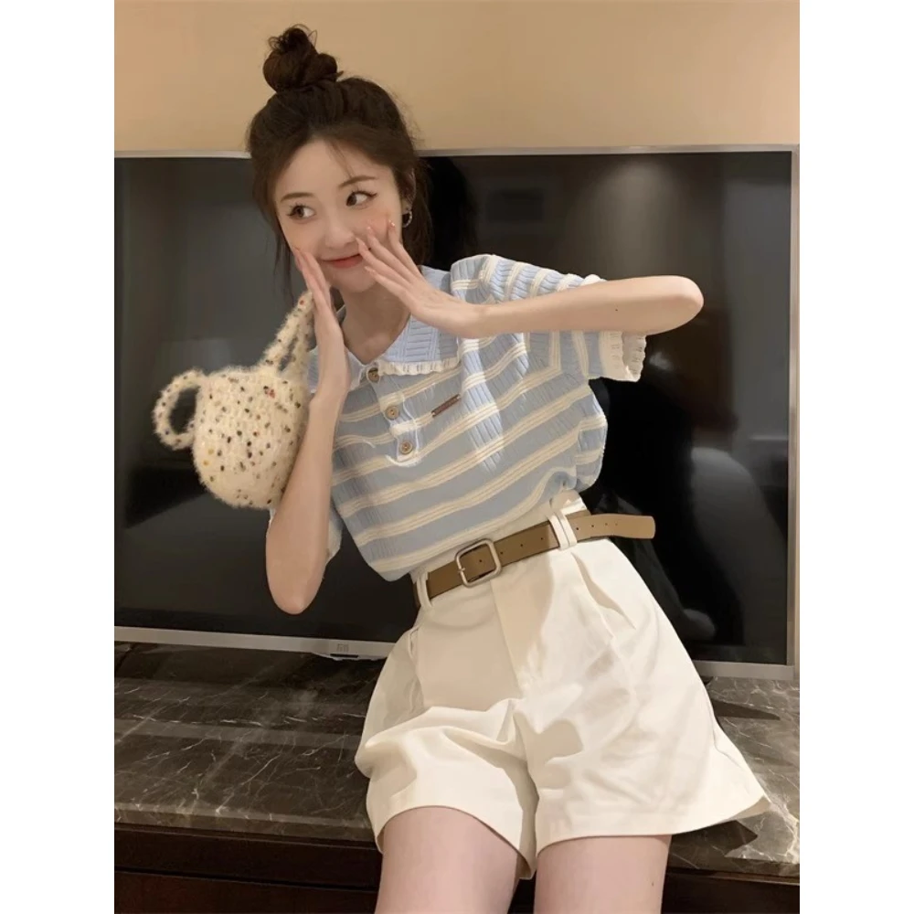 奶蓝色Polo领条纹短袖T恤女夏娃娃领多巴胺甜美风穿搭彩色上衣女