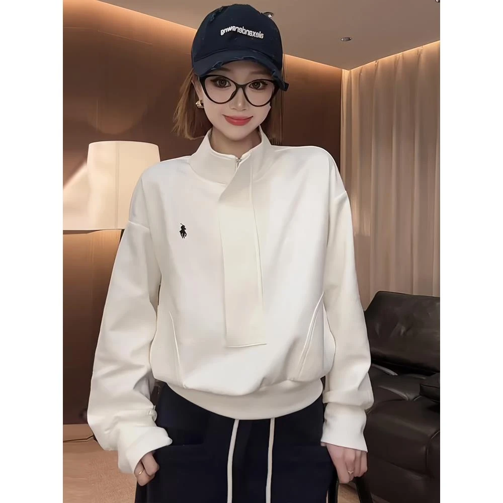 Zz秋冬长袖立领拉链卫衣女百搭时尚纯色拉链立领卫衣上衣白色休闲