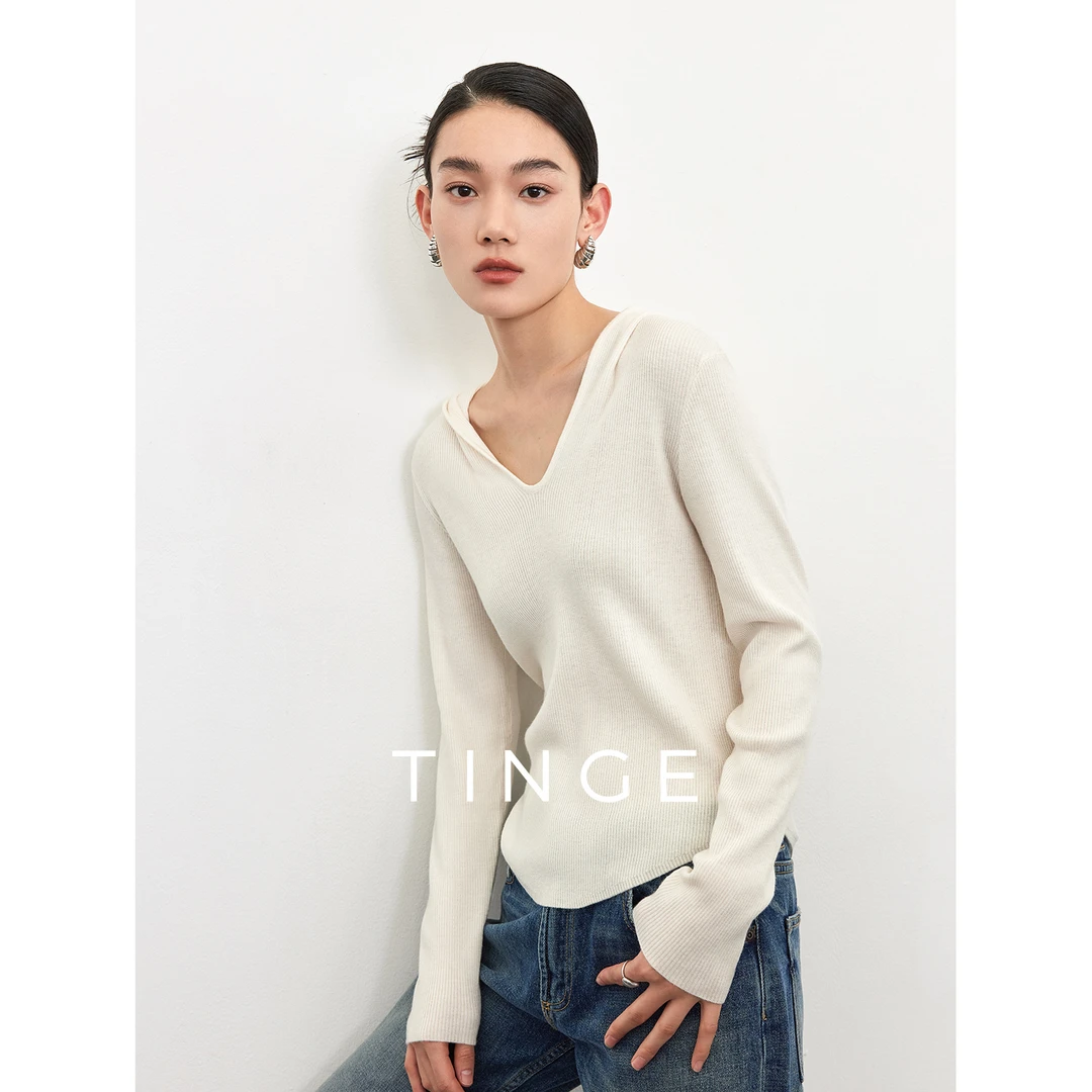 TINGE贴己连帽针织衫女新款设计感百搭上衣显瘦正肩毛衣打底衫