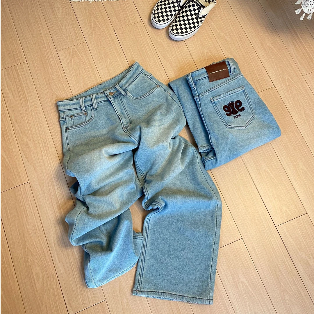 【面料巨软糯】浅色奥利绒窄版高腰阔腿裤反季蓝加绒加绒牛仔裤女裤