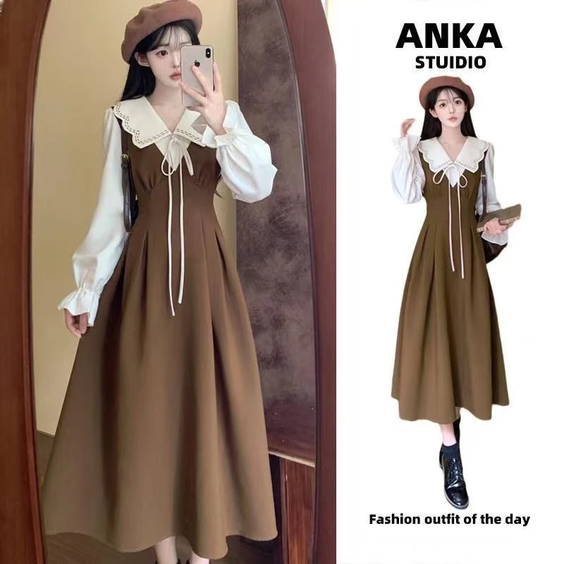 大码法式假两件娃娃领连衣裙女秋冬显瘦复古气质长裙