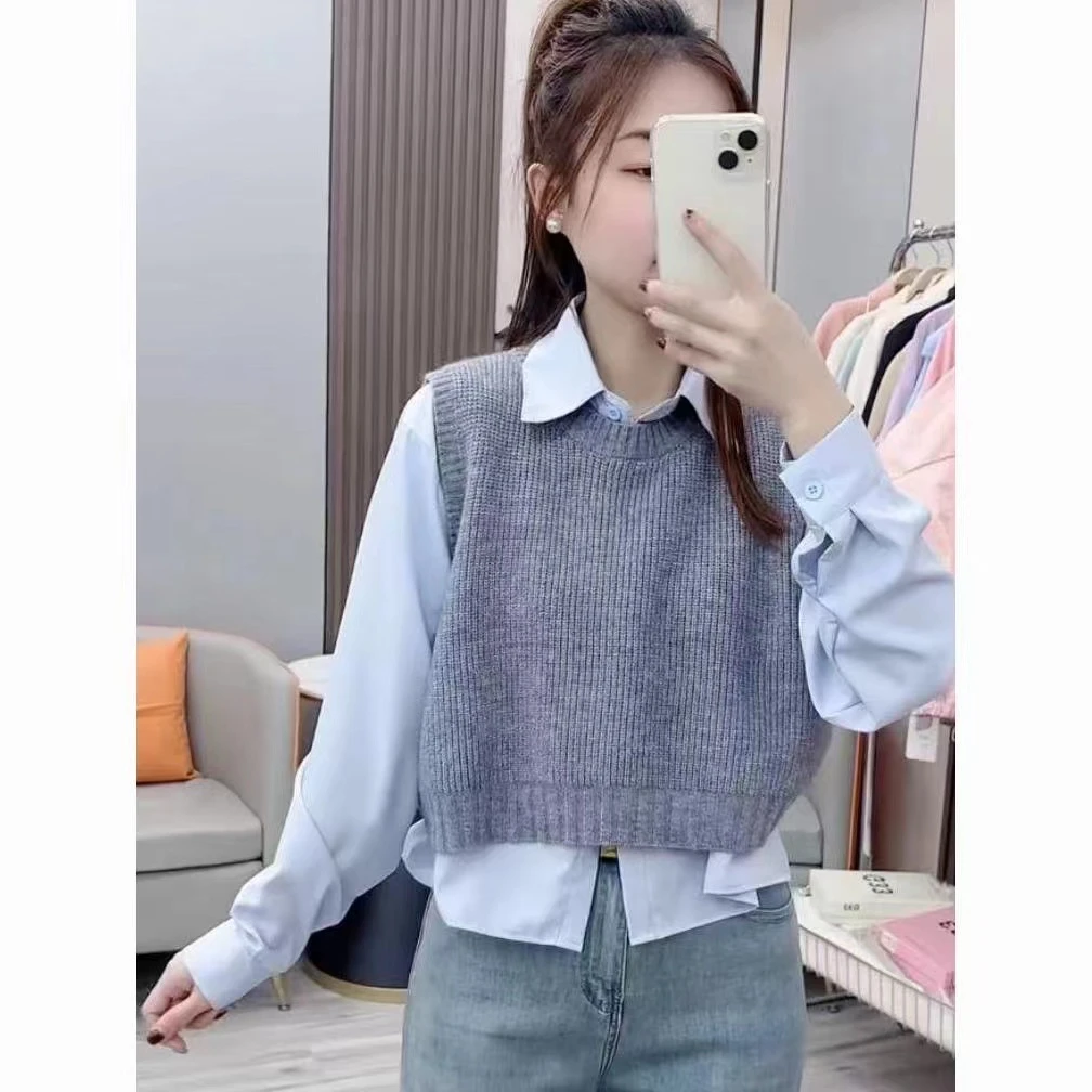 两件套装春秋新款韩系慵懒风坎肩针织马甲背心叠穿衬衫毛衣女上衣