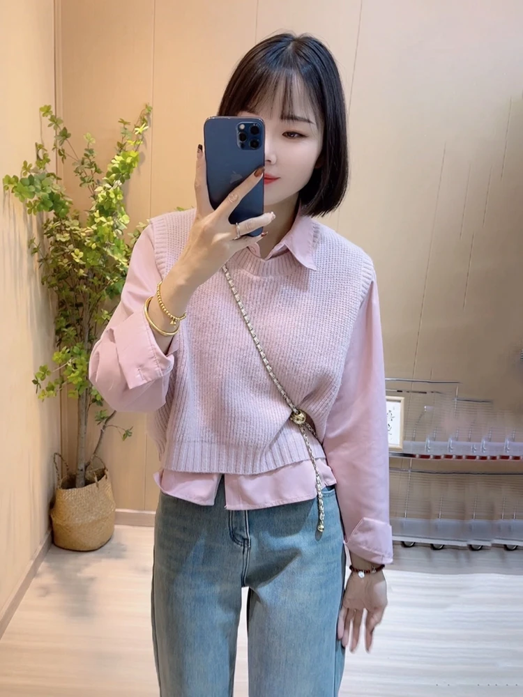 春装搭配一整套盐系轻熟温柔风针织马甲叠穿长袖百搭衬衣两件套装
