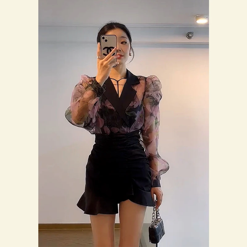 2025夏季法式时尚设计感显瘦防晒衣女上衣轻柔印花泡泡袖气质衬衫