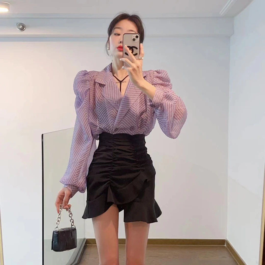 漂亮春季小个子法式设计上衣女显瘦西装领衬衣女双排扣长袖衬衫女