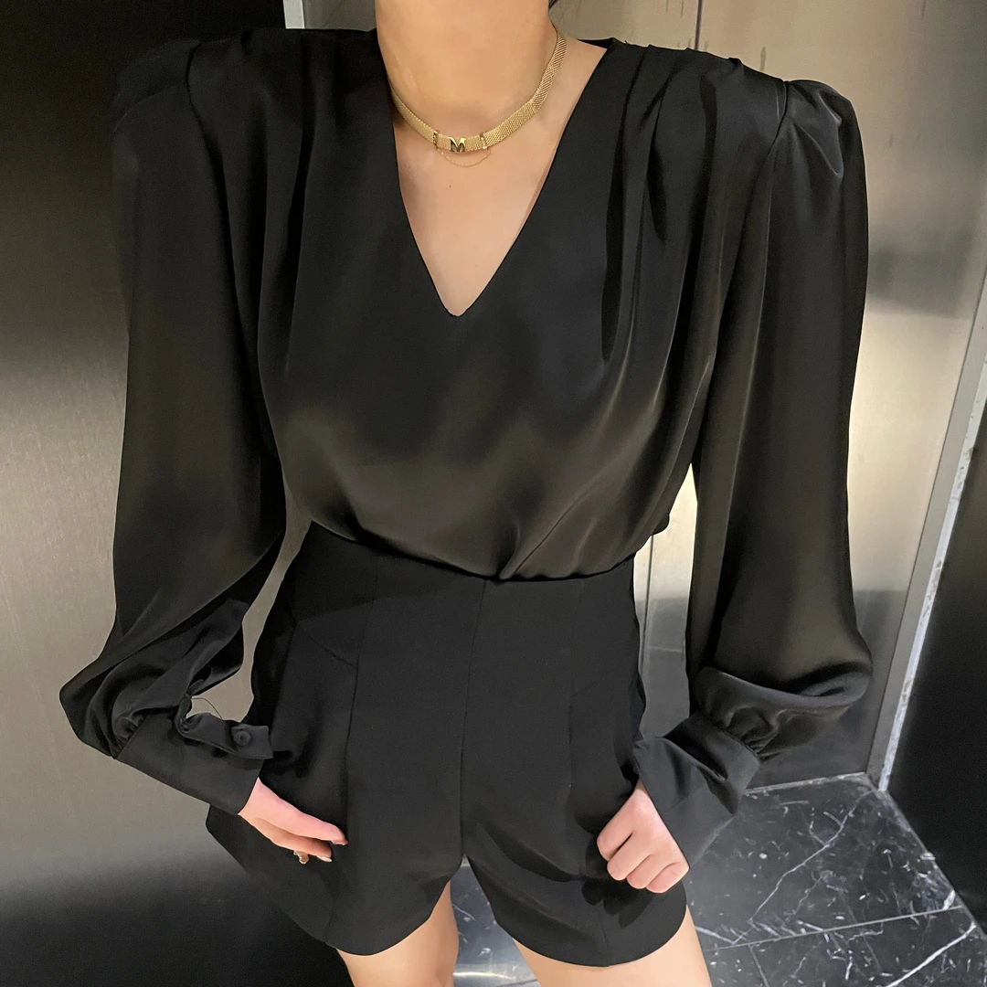 朝南发法式御姐时尚v领通勤职业缎面衬衫高级贵气质设计感衬衣女