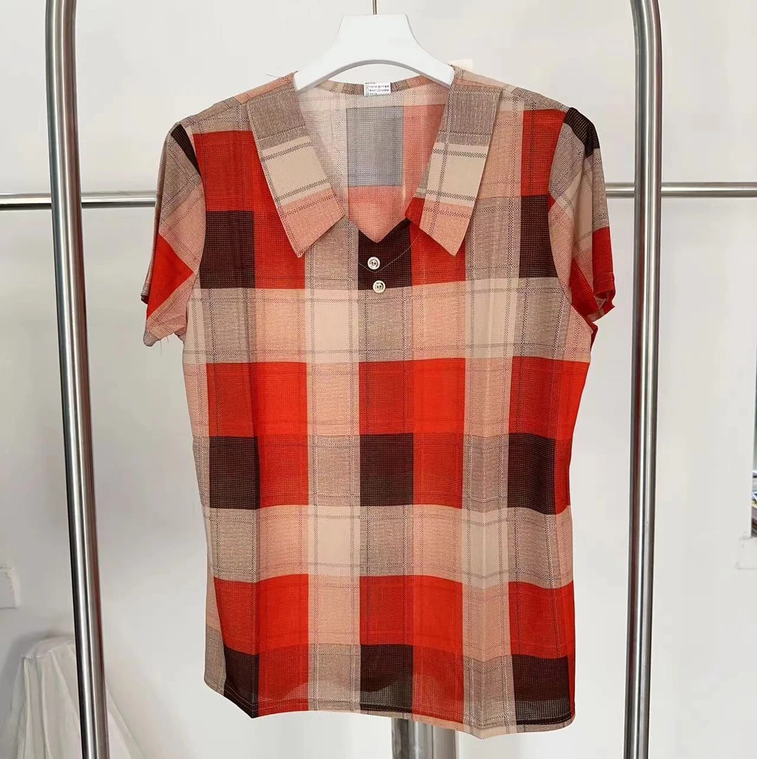 妈妈夏装新款翻领格子大码遮肚冰凉透气弹力T恤    8877