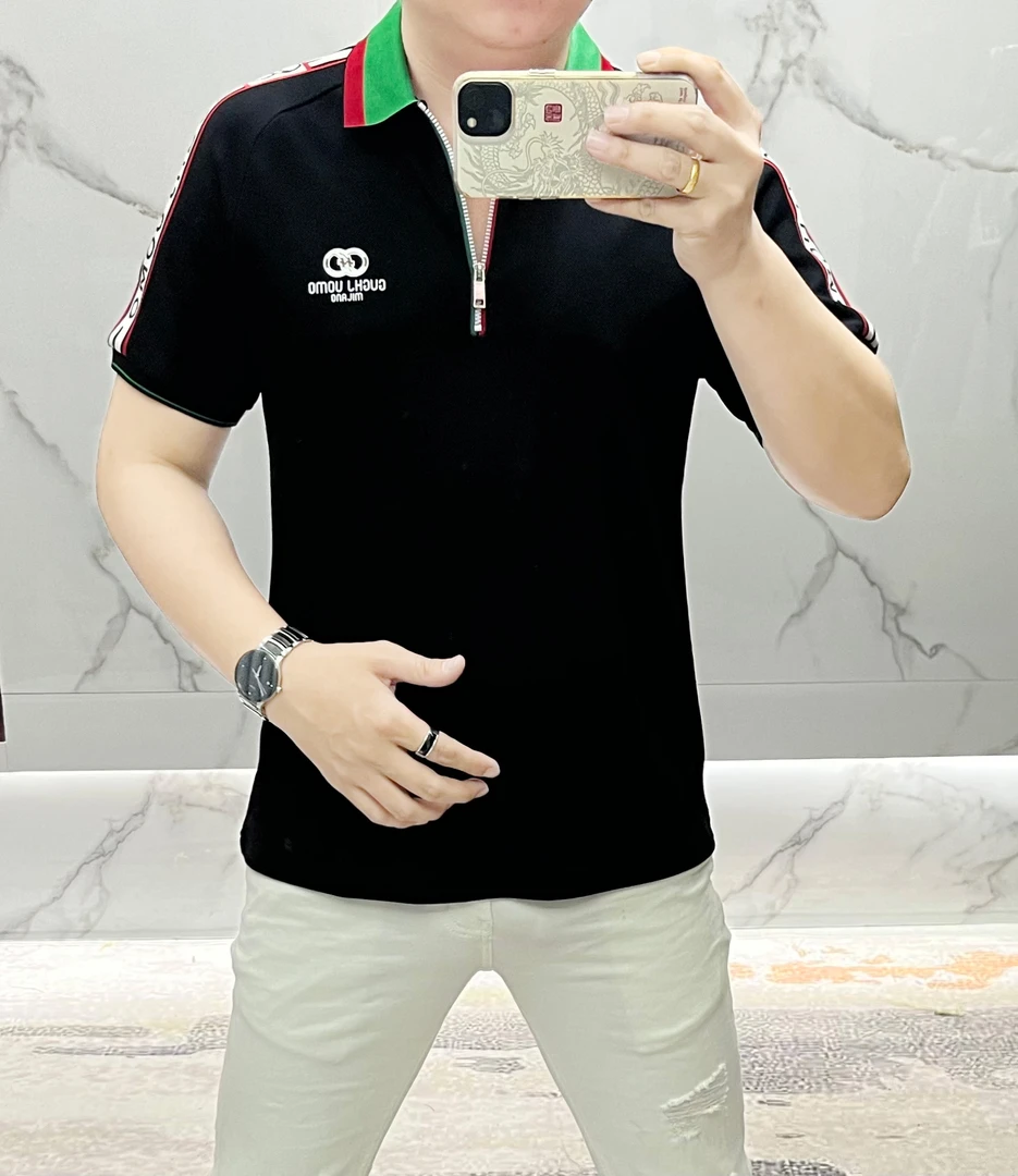 春夏高端潮流百搭时尚男士轻奢休闲高级翻领半拉链短袖Polo衫9135