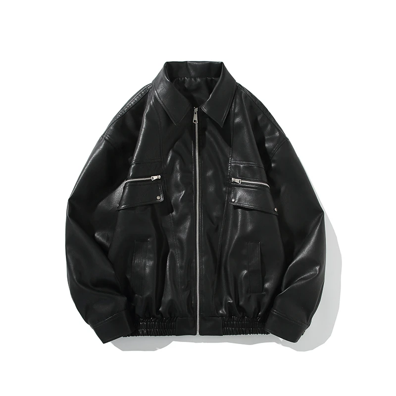 复古廓形翻领机车PU皮夹克男款高街翻领cleanfit黑色皮衣外套
