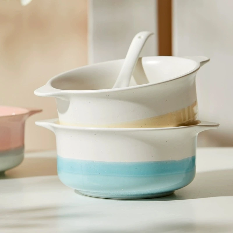 汤碗面碗双耳陶瓷餐碗沙拉碗防烫日式装菜大容量陶瓷家用宝宝辅食
