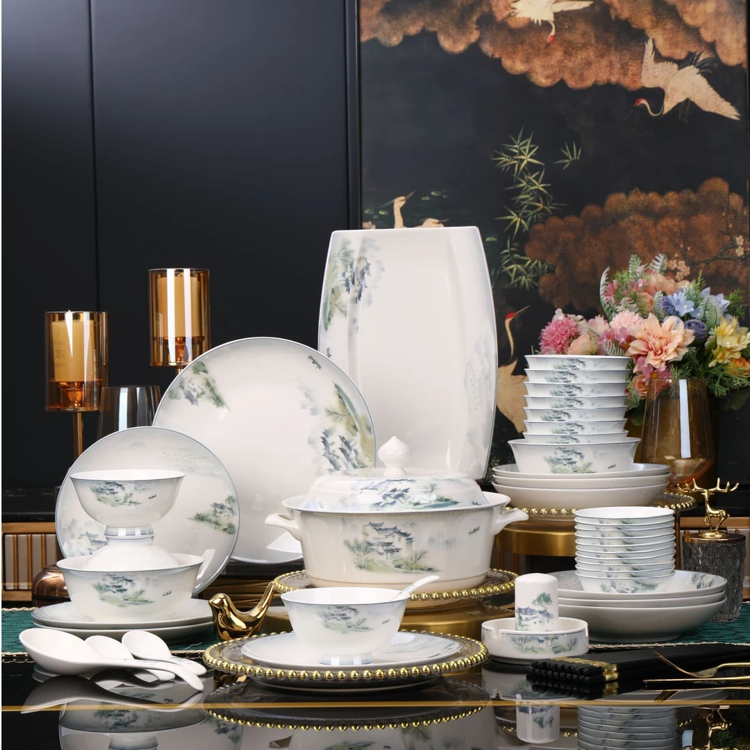 梦里水乡陶瓷餐具碗碟盘套装家用组合骨瓷碗轻奢高档景德镇中式