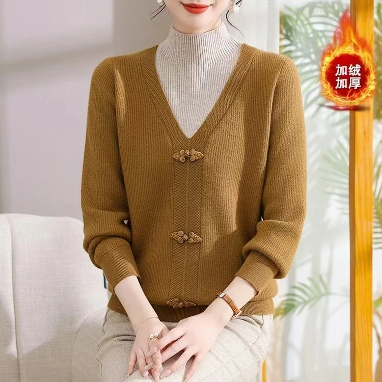 妈妈冬装加绒加厚毛衣假两件一体绒打底衫中老年女装内搭外穿上衣