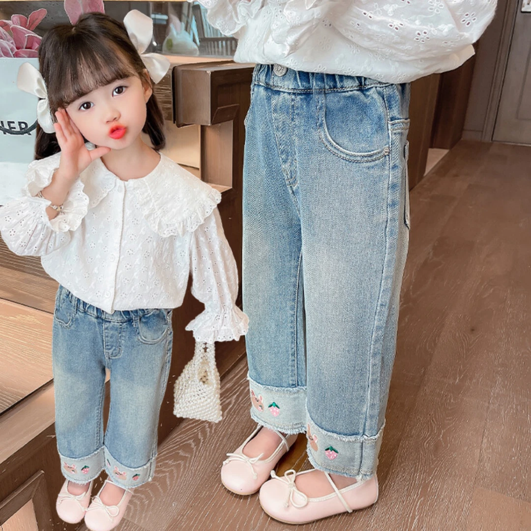 牛仔裤裤子春秋新款小童女宝韩版秋季百搭阔腿裤女童牛仔裤春秋