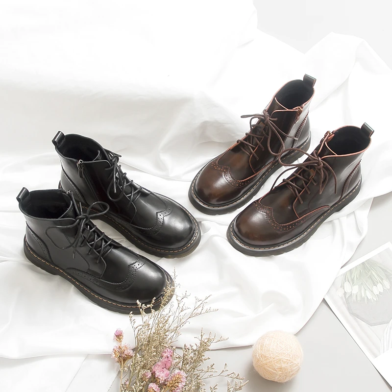 【清仓】女英伦风马丁鞋布洛克秋秋季学院机车短筒短靴子