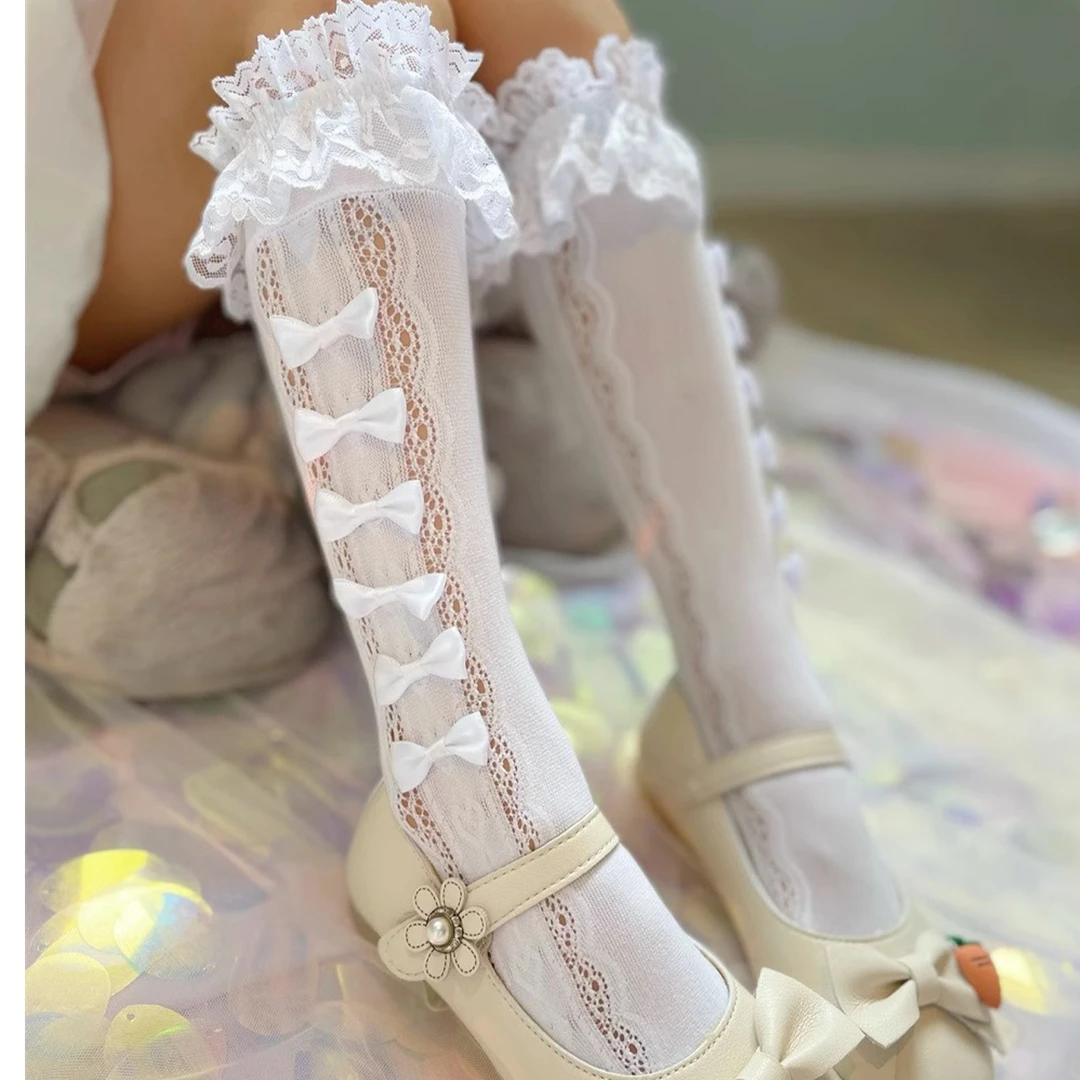 女童袜子春夏蝴蝶结蕾丝公主女宝宝日系可爱洛丽塔中筒袜少女