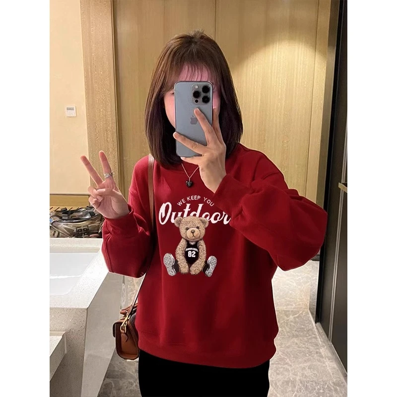 2025春秋新款枣红色洋气圆领卫衣女小众设计感卡通小熊印花上衣潮