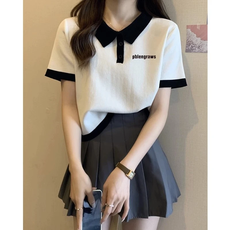 Polo领上衣撞色正肩短袖T恤女夏季设计感小众纯棉短款翻领体恤夏