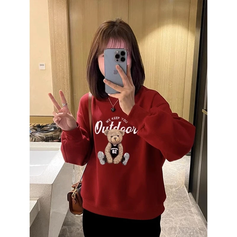 枣红色圆领卫衣女2025春秋新款洋气小众设计感卡通小熊印花上衣潮