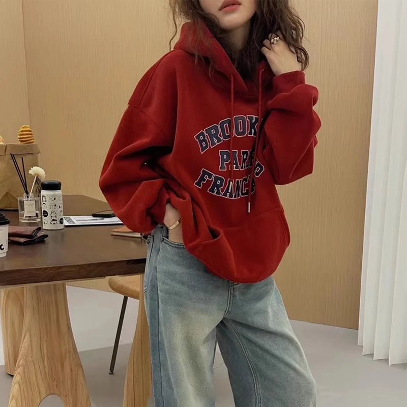 英文字母连帽卫衣女欧洲站冬装加绒加厚2025新款女装慵懒风上衣潮