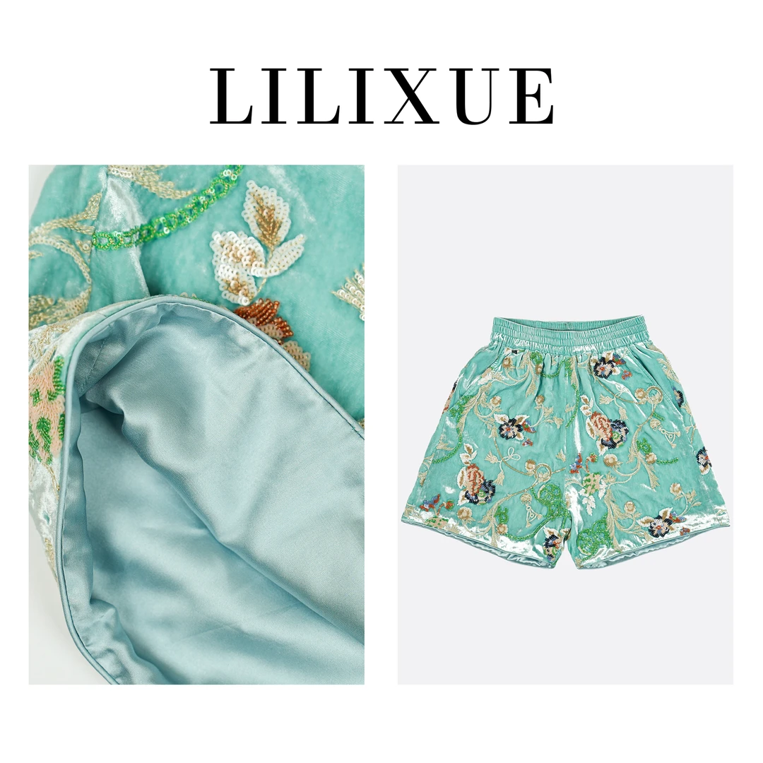 LILIXUE夏季中式国风桑蚕丝重工珠片时尚百搭阔腿五分短裤24138