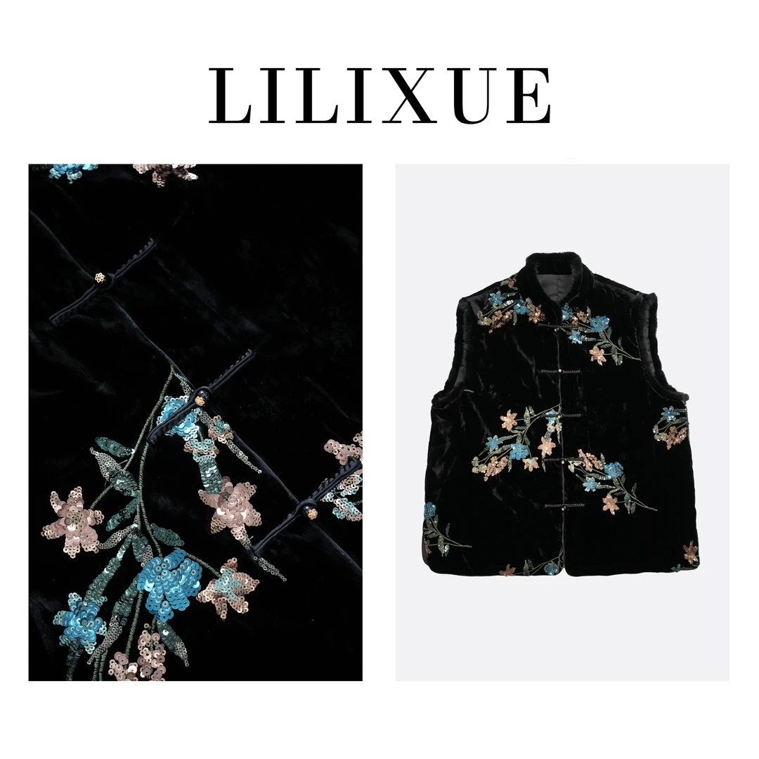 新中式黑色复古国潮风水貂毛新款休闲亮片马甲民族风国风马夹无袖