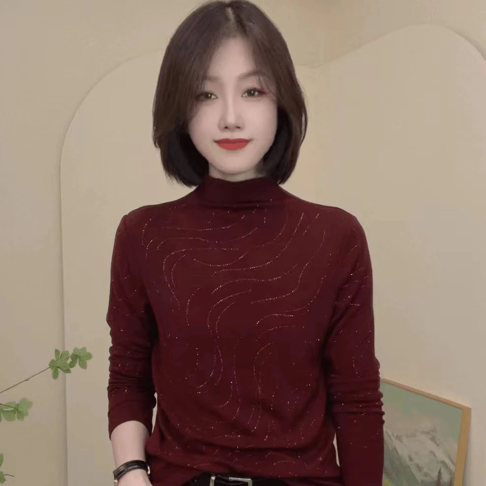 新年中老年妈妈装半高领一体绒水波浪烫钻修身打底衫双面德绒上衣