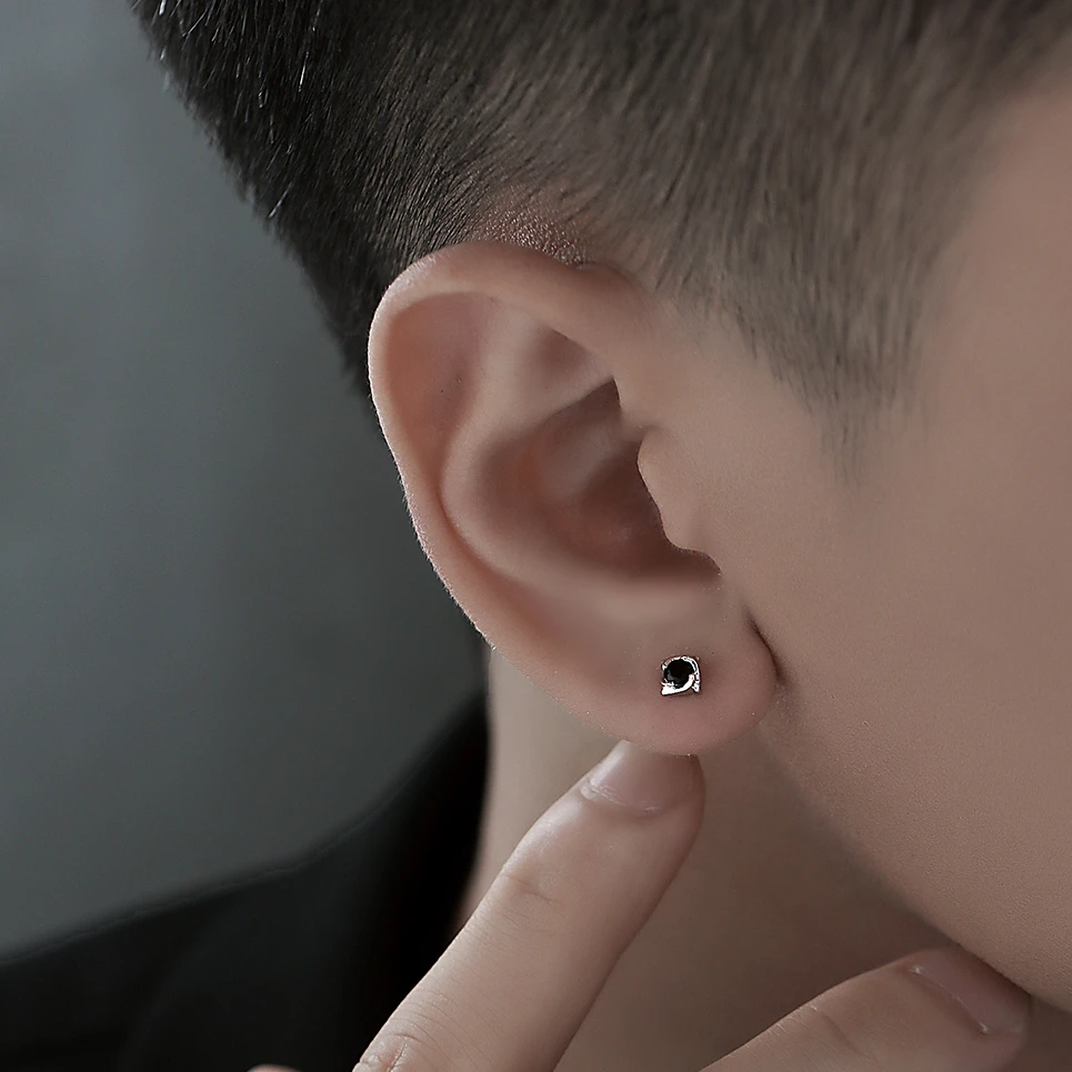 925银耳饰 男士耳钉男高级感痞帅单只黑色纯银简单小耳环养耳洞