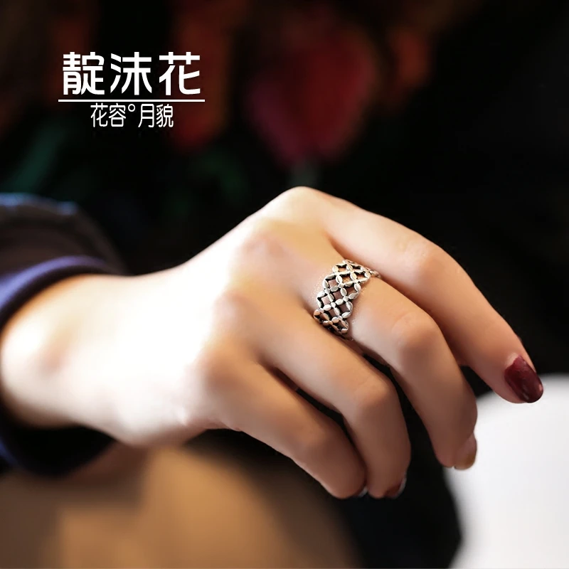 戒指银戒s纯镂空铜钱纹戒指复古时尚宽版指环潮流食指戒子