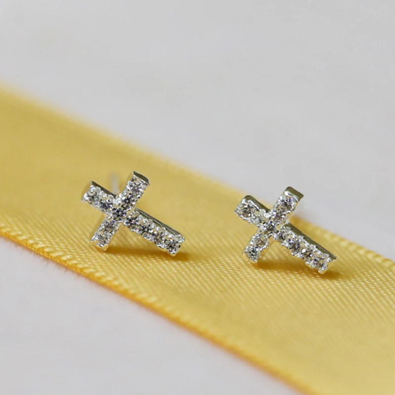 简约十字架耳钉925纯银个性镶钻耳环气质耳坠ins小众设