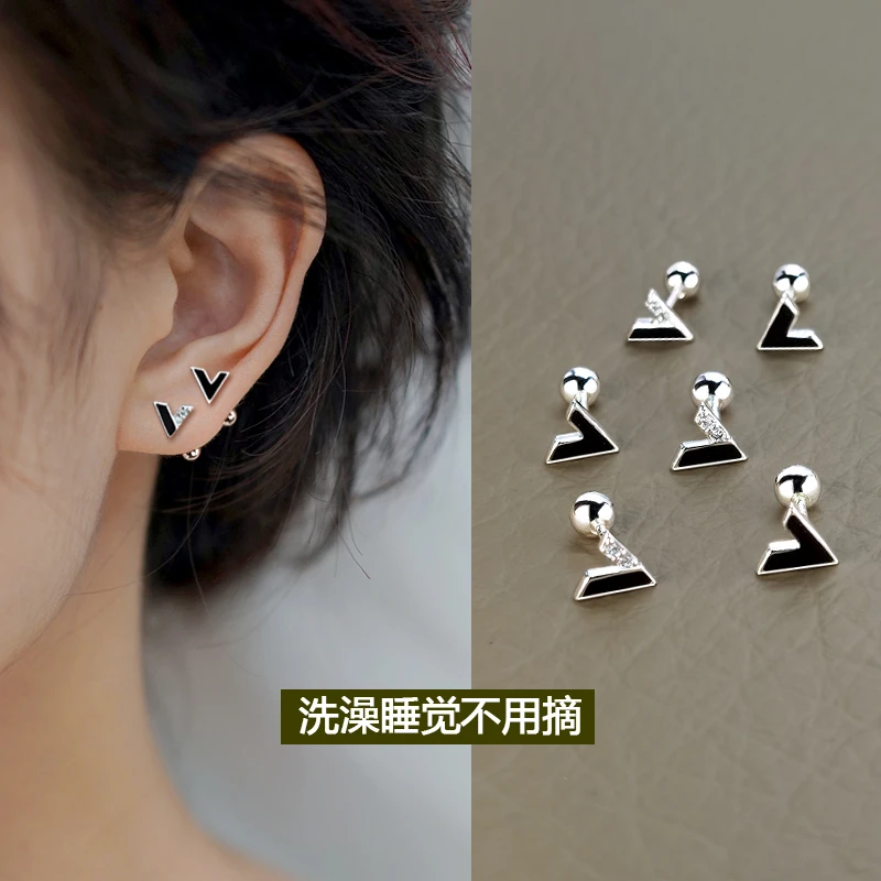 几何V字耳钉女纯银针2022年新款潮黑色字母螺丝拧睡觉免